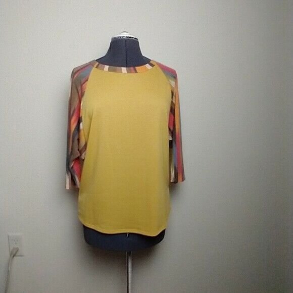 Ces'Femme Bohemian Mustard Stripe Dolman Sleeve Scoop Neck Small Blouse - Picture 10 of 10